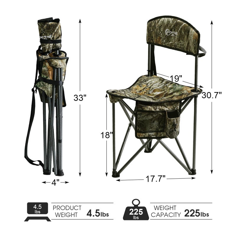 Portal Extra Large Quick Folding Tripod Stool with Backrest Fishing Camping Chair with Carry Strap (Camo) - Image 5